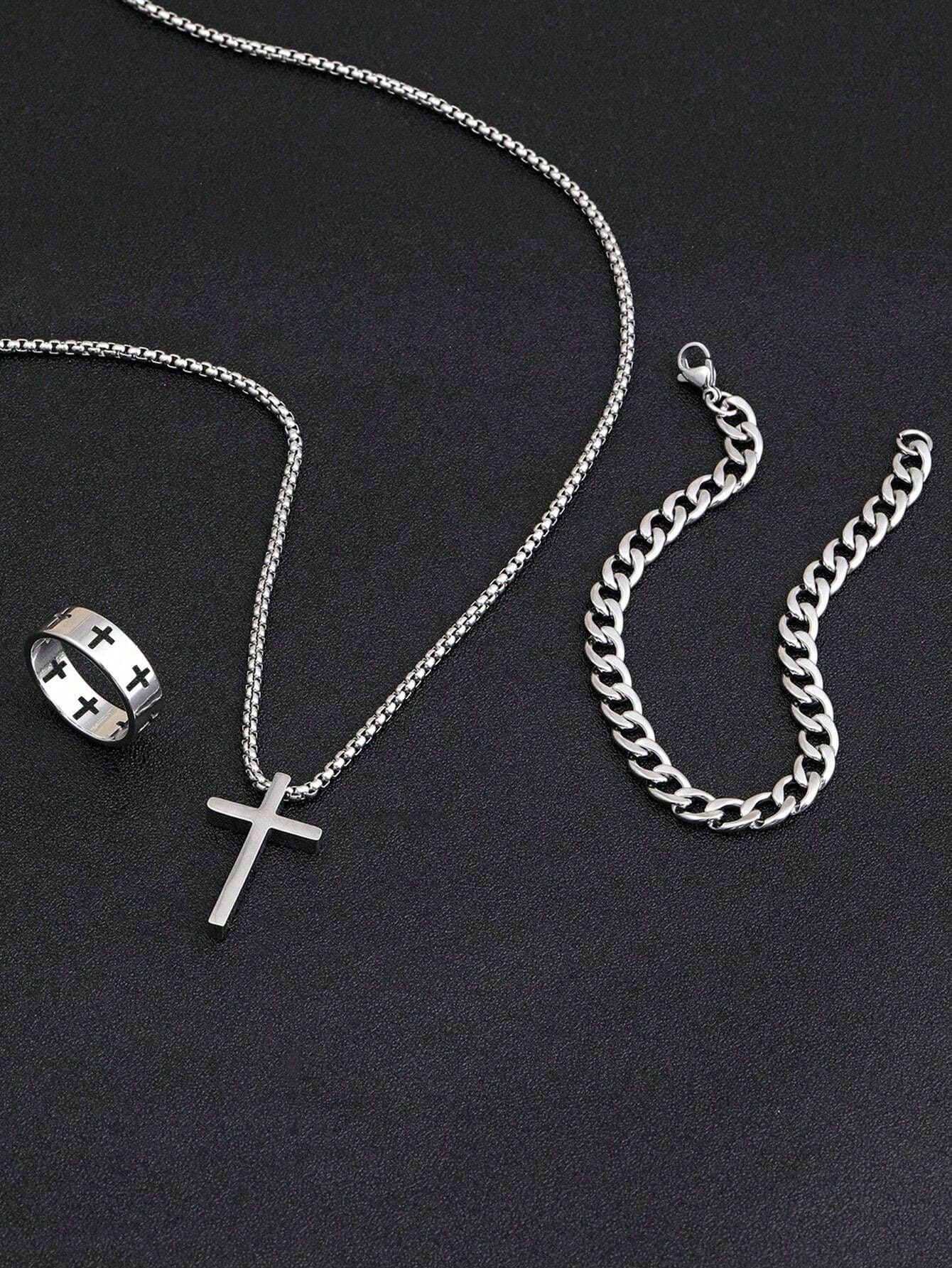 3pcs Stainless Steel Fashion Jewelry Set For Men, Including Cross Necklace, Bracelet And Ring, Suitable For Daily Wear - Multicolor - View 1