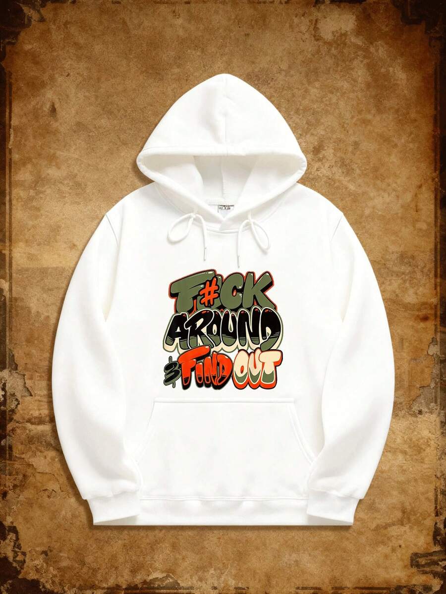 Men's Hoodie With 'F__K AROUND & FIND OUT' Text, Designed With Colorful Graffiti Style Fonts, 280G Heavy Comfortable Knit Fabric, Suitable For Couples, Outings, Home, Sports, Machine Washable ,Fall Hoodies,Men's Fall Clothes,Street Wear,Halloween,Mens Hoodies,Y2k Clothes,Jesus Hoodie,Thanksgiving Day,Nightmare Before Christmas,Christmas - 白色 - 查看 1