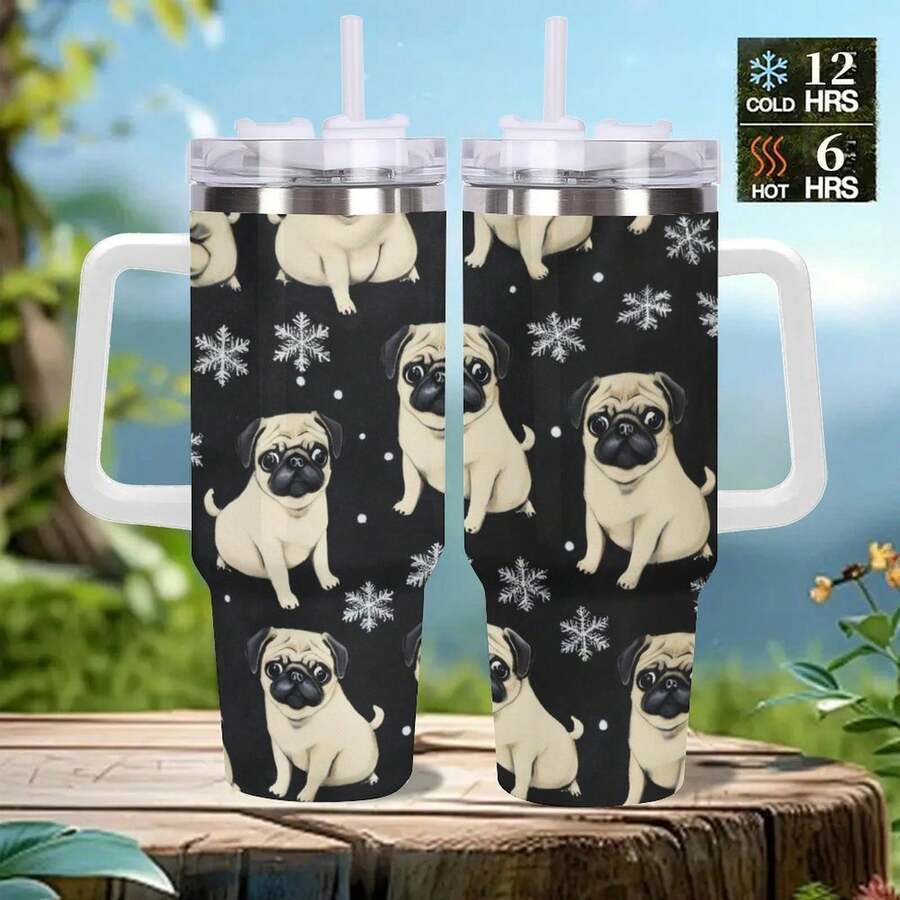 40oz Pug Dogs Snowflakes Black Backgrou Tumbler, Double Wall Vacuum Insulated Travel Mug, Spill Proof Lid, Gift For Dad, Mom, Ideal For Christmas, Mother's Day, Birthday Gift, Perfect As A Halloween Gift, Coffee Cup - 白色 - 查看 1