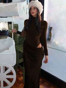 Damska modna sukienka maxi z długim rękawem i wysokim dekoltem, dopasowana do ciała, jesień i zima, elegancka, brązowa, koktajlowa, wieczorowa, seksowna sukienka