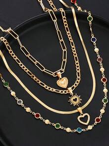 4pcs Set Of Simple, Elegant, Fashionable, Old Money Style, Colorful Rhinestone Love, Sun Chain Necklace Set For Women, Vacation, Party, Dinner, Date, Travel, Photo, Daily Matching - 金色 - 查看 2