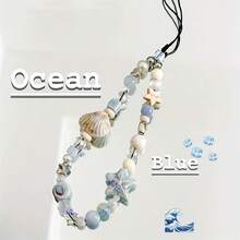 Blue Star Shell Beaded Phone Lanyard Cute Charm Chain Flower Phone Strap Keychain Women Girls Bag Pendant Suitable For IPhone Case - 藍色的 - 查看 1