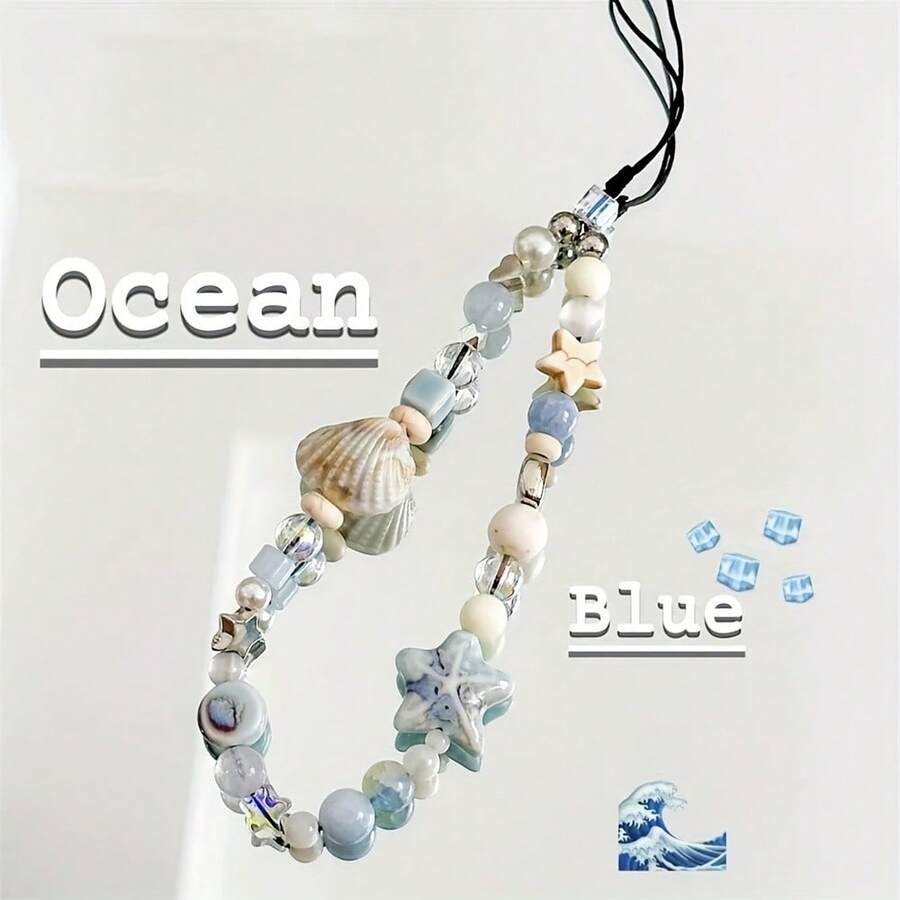Blue Star Shell Beaded Phone Lanyard Cute Charm Chain Flower Phone Strap Keychain Women Girls Bag Pendant Suitable For IPhone Case - 藍色的 - 查看 1