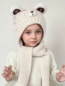1pc Kids Earflap Hat, Autumn/Winter Warm Thick Knitted Hat With Cute Bear Design, Scarf Attached, Suitable For 8-12 Years Old Children, Daily Wear & Outdoor - Bear Scarf Hat - View 15