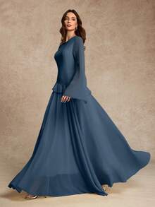 女式优雅荷叶边饰带腰喇叭袖连衣裙，春夏 - 霧霾藍 - 查看 5