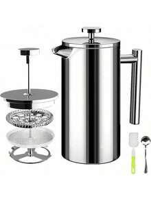 Prensa Francesa de Acero Inoxidable, 350ml Cafetera francesa Portatil con 2 Filtros, 1 Cuchara y 1 Cepillo, French Press de Doble Pared Pequeña, Temperatura Constante Cafetera de Émbolo para Café yé - 1000 ml - Ver 9