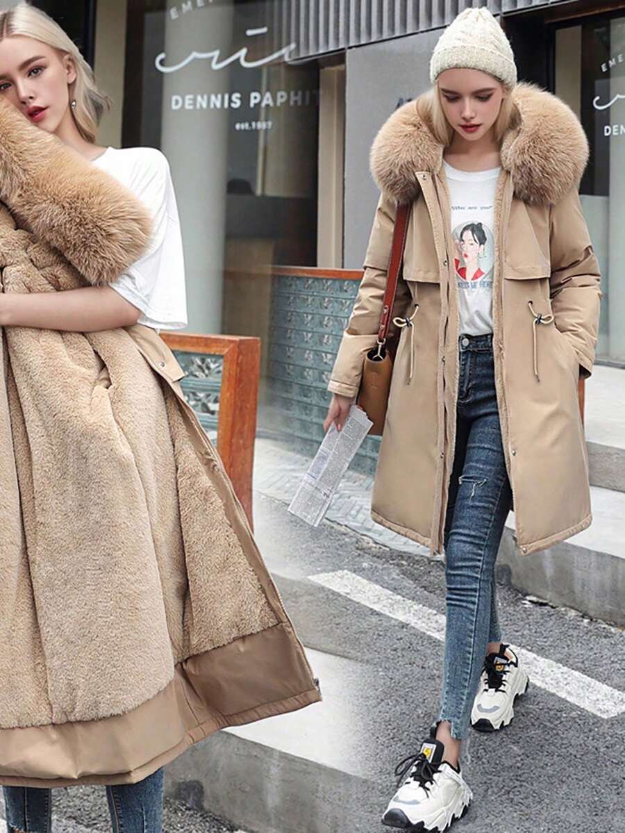 2025 冬季新款女式拼布仿皮草连帽长袖抽绳腰休闲拉链日常度假冬季派克大衣 - 卡其色 - 查看 1