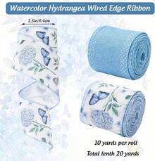 Blue Hydrangea Flower Wired Edge Ribbon Watercolor Butterfly Floral Craft Fabric Ribbon For Spring Suer Wreath Bow DIY Wrapping Party Dr, 2 Rolls, 20 Yard,23939724 - 軍綠色 - 查看 2