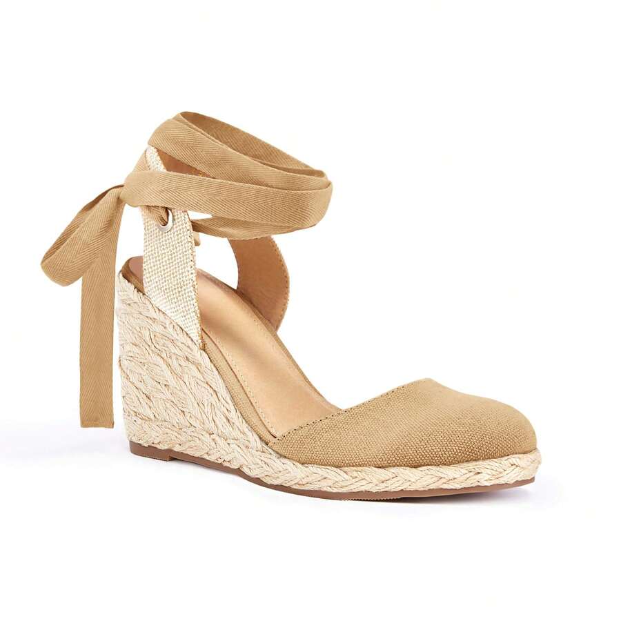 Womens Lace Up Espadrilles Closed Toe Wedges Sandals Strappy Slingback Platform Heels - Màu Khaki - Xem 1
