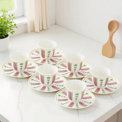 6件套郁金香图案咖啡杯碟套装，70毫升浓缩咖啡杯碟套装，阿拉伯陶瓷咖啡茶具套装，优雅礼品，适合居家、婚礼、节日、咖啡馆、斋月和圣诞节等场合。