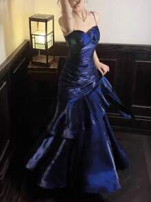 Shiny Ruffle Hem Party Dress, Elegant Iridescent Spaghetti Strap Concert Outfit, Fashionable Wedding Bridesmaid Formal Birthday Back To School Dress, Summer Autumn Apparel - Navy Blue - View 6