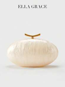 ELLA GRACE-Ivory Shell Acrylic Oval Clutch Bag With Gold Metal Clasp, Minimalist Evening Purse, Elegant Handbag For Wedding, Banquet, Party - 彩色 - 查看 1