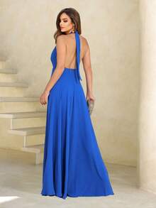 Serenity Blue Halter Long Dress With Tie Strap Yasmin Party Dress Long Flowy Skirt With Lining And Slit Nm Nana Marie - 寶藍色 - 查看 2