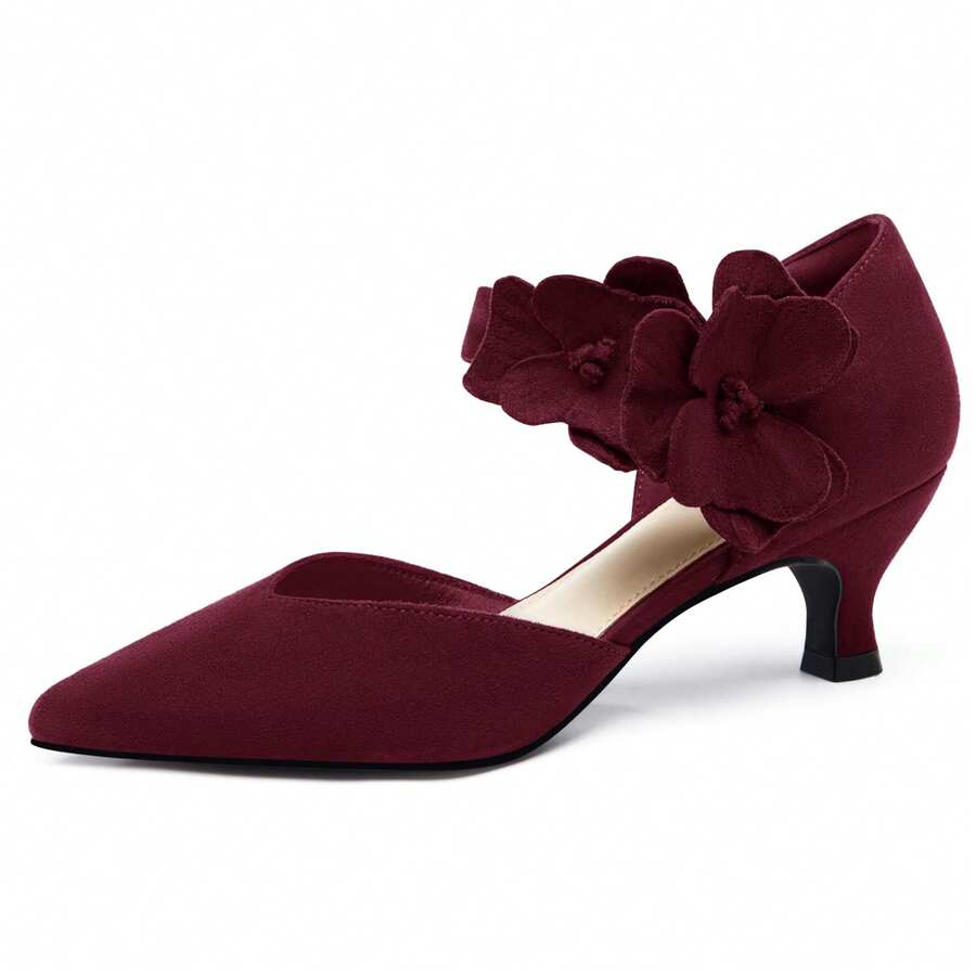 Women's Pointed Toe Kitten Heels - Closed Toe Floral Embellished With Cushioned Insole Christmas Gift & New Year Gift - Màu Đỏ Sâu - Xem 1