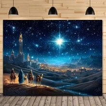 1pc 2026 Christmas Decoration Backdrop, Nativity Scene With Starry Night, Camel Caravan And Bethlehem Star Banner, Christmas Baptism Birthday Party Wall Decor, New Year Santa Claus Gift - Multicolor - View 4