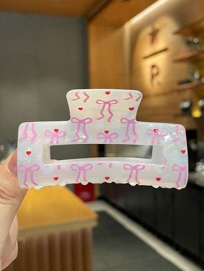 1Pc Elegant, Playful And Cute Pink Bow Print Hair Clip, Fashionable Hair Accessory, Fashionable Hair Clip. Fashion Claw Clips Winter Hair Clutch