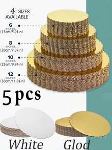5 Cake Boards, White And Gold Cake Boards, 8, 10, 12 Inch Round, Cardboard Cake Bases, Waterproof And Oil-Proof Cake Boards, Suitable For Mother's Day Cake DIY, Desserts, And Craft Displays