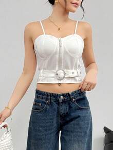 Top de tirantes para mujer ligero casual unicolor de moda con cinturón decorativo y lindos detalles en pedrería sexy para uso diario - Blanco - Ver 4