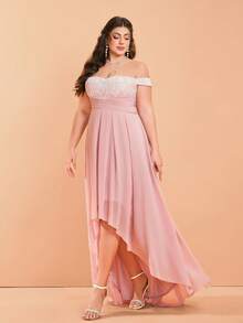 Mgiacy-Pop Plus Size Elegante Vestido Maxi Rosa de Renda e Chiffon com Ombros à Mostra, Manga Curta e Bainha Assimétrica para Mulheres, Verão, Casamento, Festa, Férias & Festival - Baby Rosa - Ver 1