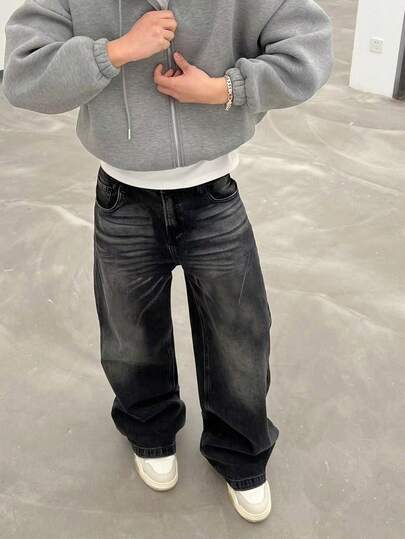 Men's Black Wide Leg Loose Fit Distressed Wash Casual Street Style Jeans, Suitable For All Seasons