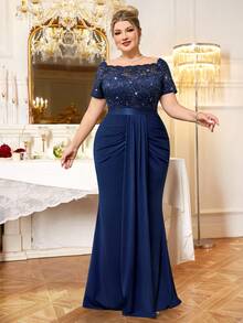 Plus Size V-Neck Sequin Floral Lace Contrast Ruffle Mermaid Hem Formal Gown, Suitable For Evening Party, Wedding Guest, Prom, Birthday, Holiday, Graduation Ceremony - Navy Blue - View 6