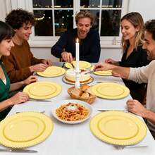 100pcs Plastic Plates With Gold Beads Plates Heavy Duty Party Supplies Includes 10.25inch Dinner Plate And 7.5inch Dessert Disposable Plate For Party,Wedding,Bridal Showers - 黃色 - 查看 8