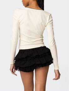 Women Lace Trim Ruffle Hem Micro Mini Skirts Elastic Low Waist Y2k Lace Layered Short Skirts Ruched A-Line Cute Tiered Ruffle Skirts Halloween/Christmas Costumes - 黑色 - 查看 6