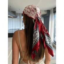 1PC Women's Red And White Paisley Printed Bandana Square Towel, 90CM 1 90cm Women's Luxury Scarf, Headscarf Silk Scarf, Fashion Printed Square Scarf, Four Seasons Versatile Casual Polyester Scarf - 紅白色 - 查看 8