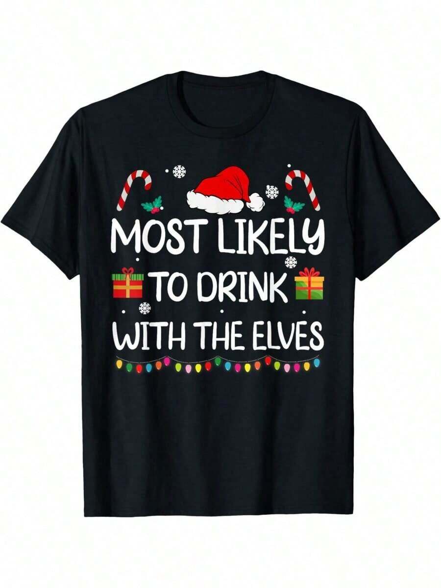[Fast Arrival] Most Likely To Drink With Elves Family-Shirt-Shirt Men Women, Christma Unsex Soft Fabric, Breathable, Comfortable Black Short Sleeve Tees Autumn, Must-Have Fashionable Tee - Negro - Ver 1
