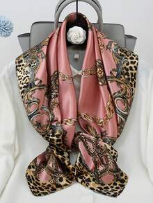 1 pieza Pañuelo grande cuadrado de 90cm x 90cm de estampado de leopardo y cadena, versátil y multifuncional, para protección solar y como chal - Estampado de leopardo - Ver 6