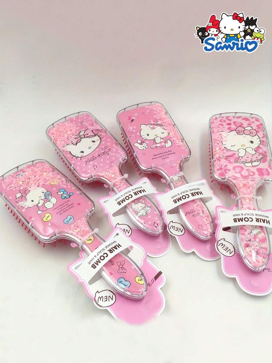 1pc Hello Kitty Shiny Pink Hair Brush - Hello Kitty Design, Non-Slip Handle, Rubber Bristles And ABS Handle Material - Gentle Hair Brush Suitable For Girls, Teens And Young Girl - Birthday, Valentine's Day, Easter, Mother's Day Gift, Daily Grooming, Fun And Stylish - Multicolor - View 1