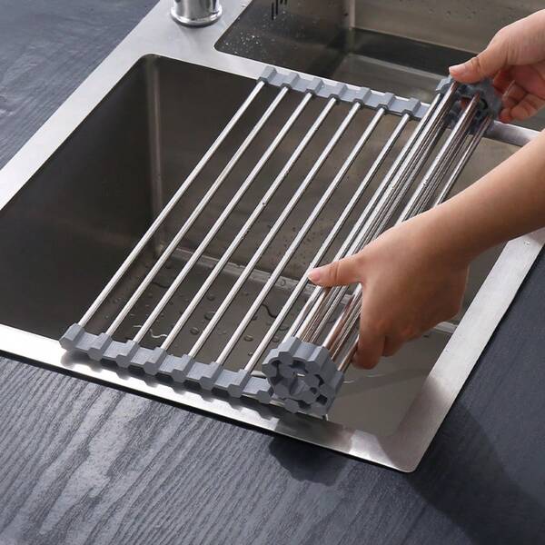 1 pieza Escurridor de platos enrollable, Rejilla escurreplatos multifuncional de acero inoxidable sobre el fregadero, Rejilla enrollable portátil de acero inoxidable, Alfombrilla para rejilla de fregadero, Utensilios de cocina, Accesorios de cocina