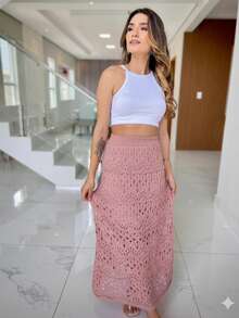 Women's Long Skirt Lace Lined Crochet Knit Summer Fashion Simple Casual Elegant Openwork Fabric Formal And Evening - 乾枯玫瑰色 - 查看 1