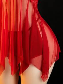 Women's Sexy Red Lace-Edged Open-Front Nightgown With Front Button Closure, Paired With Matching Women's Skirt And Lingerie - Beautiful Lace Edges, Flared Hem, Well-Shaped Contours, Lace Nightgown, Well-Fitted Design, Sensual Attire - 紅色 - 查看 5