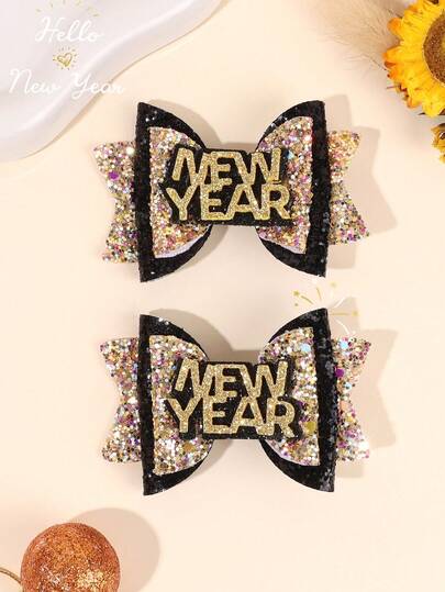 2 piezas Nuevos Lazos de Pelo con Brillo para Año Nuevo para Niñas, Clips de Pelo con Lazo Dorado y Negro, Pasadores de Pelo con Lazo Brillante y Lentejuelas, Accesorios de Pelo Casuales Diarios con Texto "Feliz Año Nuevo" para Adolescentes