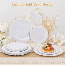 100pcs Plastic Plates With Gold Beads Plates Heavy Duty Party Supplies Includes 10.25inch Dinner Plate And 7.5inch Dessert Disposable Plate For Party,Wedding,Bridal Showers - 白色 - 查看 6