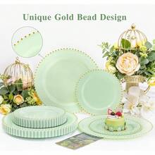 100pcs Plastic Plates With Gold Beads Plates Heavy Duty Party Supplies Includes 10.25inch Dinner Plate And 7.5inch Dessert Disposable Plate For Party,Wedding,Bridal Showers - 綠色 - 查看 7