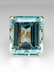 1PC Luxury Blue Cubic Zirconia Rings For Women, Golden Tone Rectangular Cut Gemstone With Curved Pavé Band - Perfect Year-Round Anniversary Gift - Blue - View 3