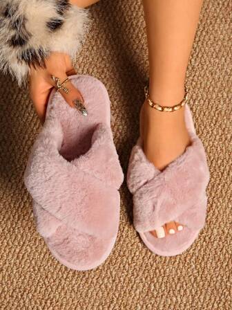 Women's Plush Bowknot Slide Slippers, Crossband Design, New For Autumn/Winter, Memory Foam Comfort, Open Toe Slip-On Style, Suitable For Indoor Use And Relaxation, Women's Soft Bottom Non-Slip Bedroom Slippers