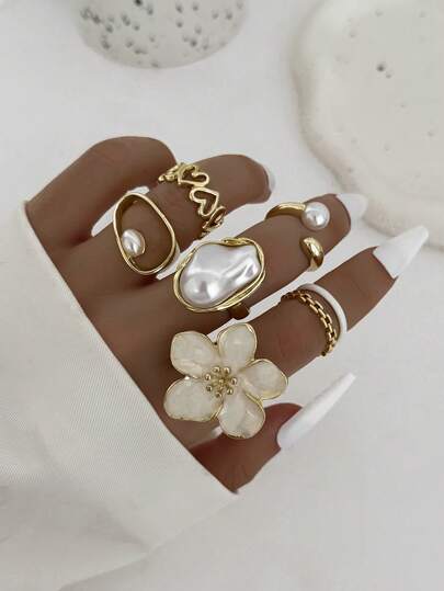 6 Adet/takım Barok Tarzı Damla Yağı Çiçek ve İnci Dekoru, Kalp Kucaklayan, Kadınlar İçin Çift Katmanlı Zincir Yüzük Seti