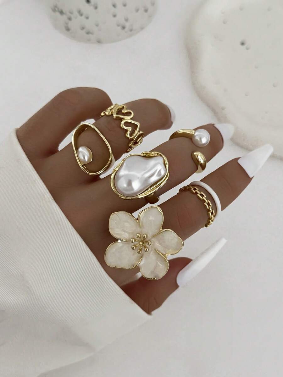 Bộ 6 chiếc/Bộ trang trí hoa và ngọc trai nhỏ giọt phong cách Baroque, hình trái tim, nhẫn xích hai lớp dành cho nữ - Vàng - Xem 1