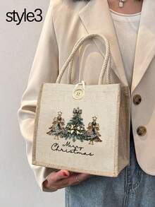 1pc Christmas Print Linen Tote Bag, Reusable Printed Women'S Tote Bag, Double Handle Shopping School Bag, Large Capacity Shoulder Bag, Casual Tote Bag, Christmas Storage Bag, Suitable For Commuting, School And Shopping, Convenient For Outdoor Use, Gift For Friends And Besties, Teacher Gift, Perfect Choice For Vacation And Festival