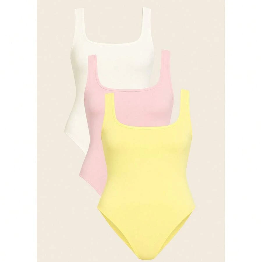Kit 3 Body Bori Women's Tank Top Thick Strap Basic Casual Blogger Suplex Various Colors Spring Summer - 黃色/棕色 粉紅色/白色 - 查看 1