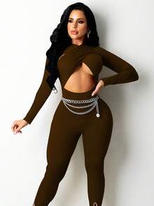 Women's Sexy Solid Color Hollow Out Bodysuit - Brown - View 3