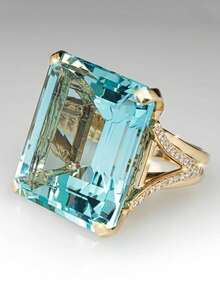 1PC Luxury Blue Cubic Zirconia Rings For Women, Golden Tone Rectangular Cut Gemstone With Curved Pavé Band - Perfect Year-Round Anniversary Gift - Blue - View 2