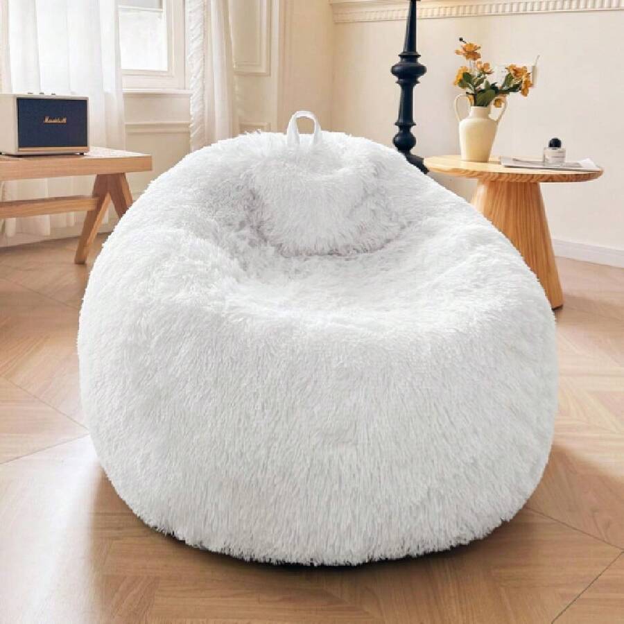 Faux Fur Bean Bag Cover(No Filler), Fluffy Stuffed Animal Storage Bean Bag Chair Cover For Bedroom Home Dr, Furry Fuzzy Big Gaming Bean Bag Cover For Adults Teens Girls, Anti-Slip, White,23964987 - 白色 - 查看 1