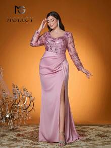 فستان سهرة طويل مخملي مطرز بالترتر مع فتحة عالية على الجانب وأكمام طويلة ضيقة، مقاس كبير، موديل جديد من ميجاسي - وردي - مشاهدة 3