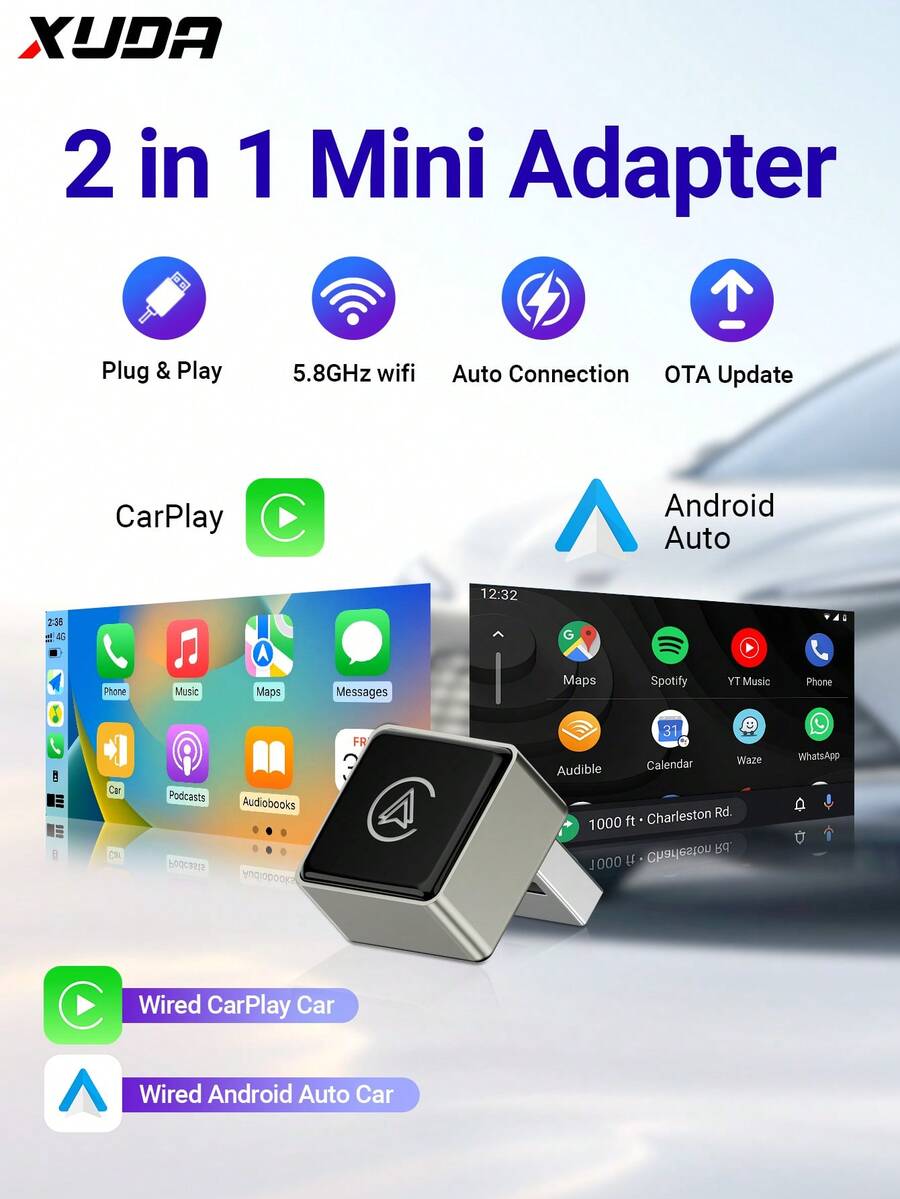 XUDA 2025 NUEVO Súper Mini Adaptador de Cableado a Inalámbrico CarPlay y Android Auto Caja AI 2 en 1 Plug and Play para el 99% de los automóviles originales con CarPlay/Android Auto con cable 2.4~5.0 GHz WiFi5 Elegante y Portátil - Multicolor - Ver 1