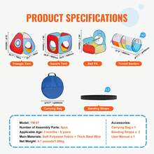 Tienda de campaña 5 en 1 con túnel y aro de baloncesto para niños, niñas, bebés y niños. Casita plegable para interior y exterior con bolsa de transporte y correas de amarre. Regalos de cumpleaños. Rojo, amarillo y azul. - Zelttyp 5 Abschnitte einfarbig - Ver 7