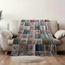 Lightweight Soft Vintage Floral Quilt Design Flannel Throw Blanket Patchwork Multicolor Flowers, All-Season Cozy Travel Office Blanket, Easy To Carry Home Decor, Patchwork Pattern 280gsm X1LG - màu đen - Xem 9
